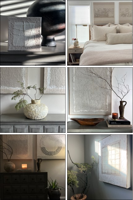 collage of abstract artwork in home settings